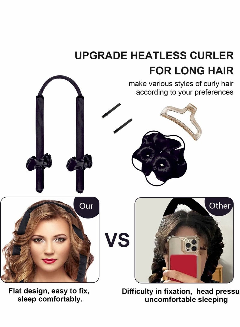 Excefore Healtless Hair Curlers for Long Hair, No Heat Curl Ribbon Design with Clips and Scrunchie, Overnight Silk Heatless Curls Headband, Soft Curling Rod for Natural (Black) - Image 2