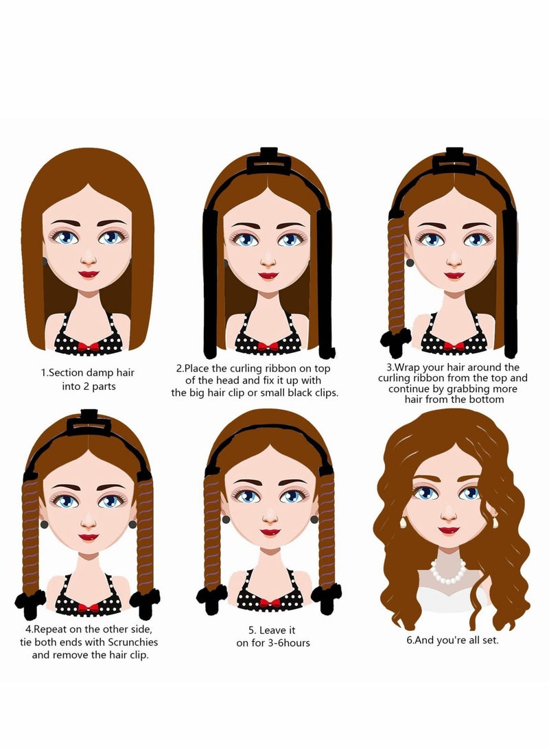 Excefore Healtless Hair Curlers for Long Hair, No Heat Curl Ribbon Design with Clips and Scrunchie, Overnight Silk Heatless Curls Headband, Soft Curling Rod for Natural (Black) - Image 5