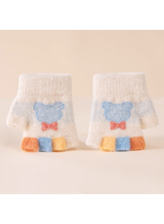 قفازات أطفال برسومات كرتونية دافئة شتوية مضادة للتجمد بأصابع مقسمة، لون بيج - Image 1