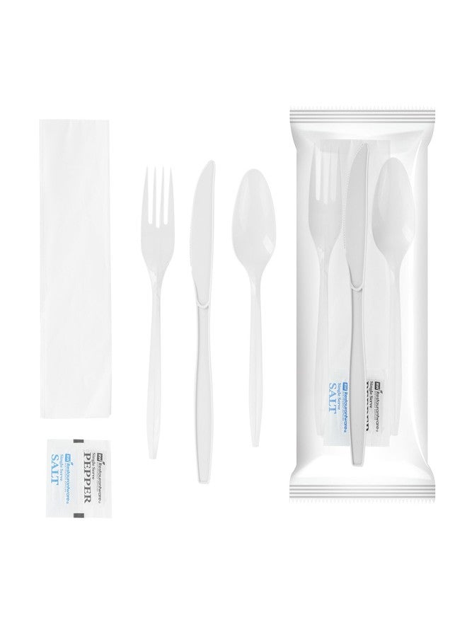 Restaurantware-RW Base 8.9 x 2.7 x 1.2 Inch Cutlery Set, 500 Medium Weight Utensil Packs - With Napkin And Salt/Pepper Packets, White Plastic Flatware Kits, Individually Wrapped - Image 1