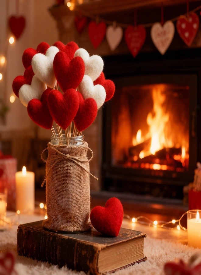 Youyole Rustic Valentines Table Decorations Set, Valentines Mason Jars Decor with 12 Pcs Red White Felt Heart Picks Galentines Bouquet Heart Flower Stick Gifts for Lovers Dinning Table Office - Image 5