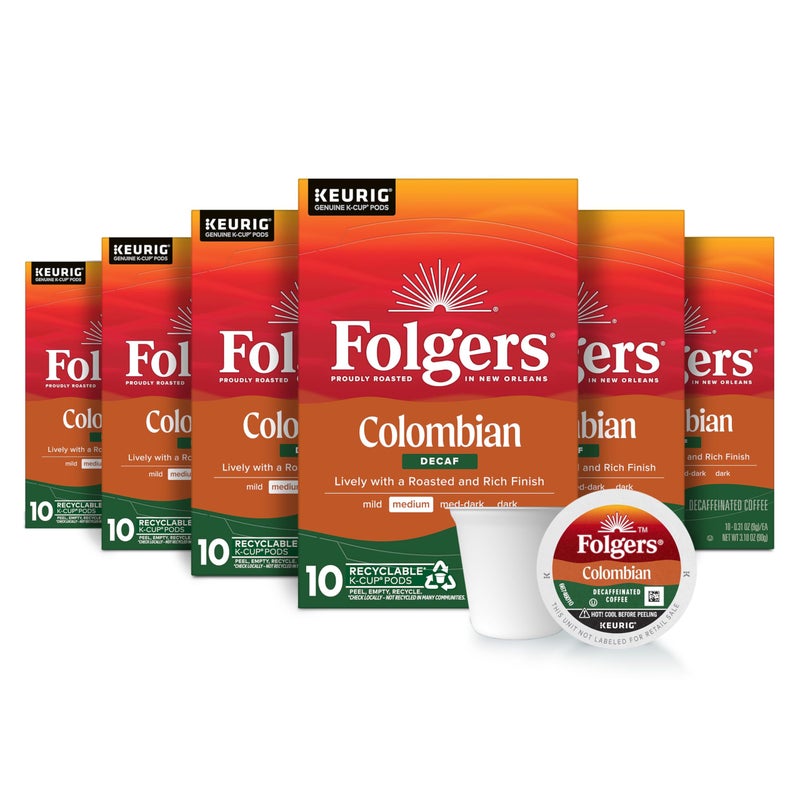 Folgers Colombian Decaf Coffee, Medium Roast, Keurig K-Cup pods, 10 Count Box (Pack of 6) - Image 1