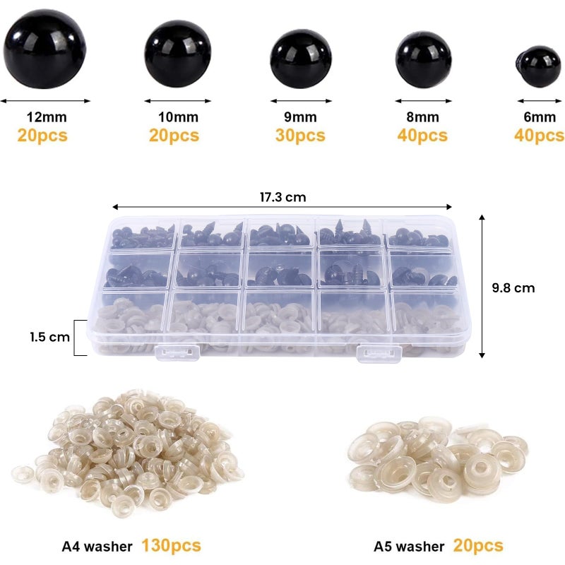 Vanblue Safety Eyes 150Pcs 6-12 mm Plastic Safety Eyes with Washers Craft Eyes for Amigurumi Stuffed Animal Crochet Projects Teddy Bear Puppet Toys DIY Crafts Making Halloween Decorations - Image 2