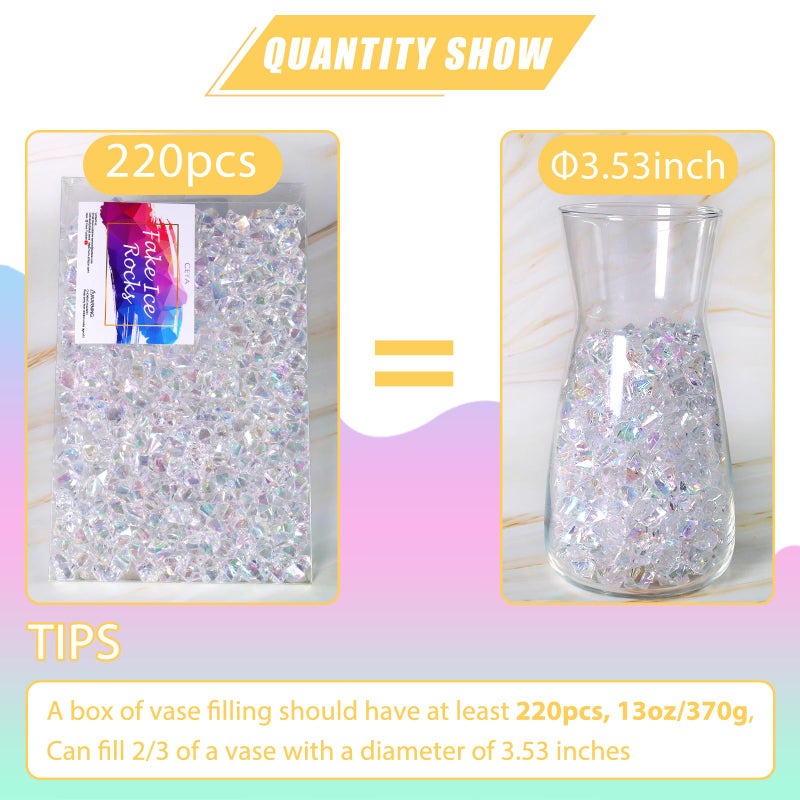Ceya Clear Holographic Fake Ice Rocksï¼Œ220PCS Dazzling Vase Fillers Acrylic Fake Diamond Crystals Water Beads Marbles 13OZ Glass Gems for Centerpieces Table Decoration Party Christmas Wedding Birthday - Image 5