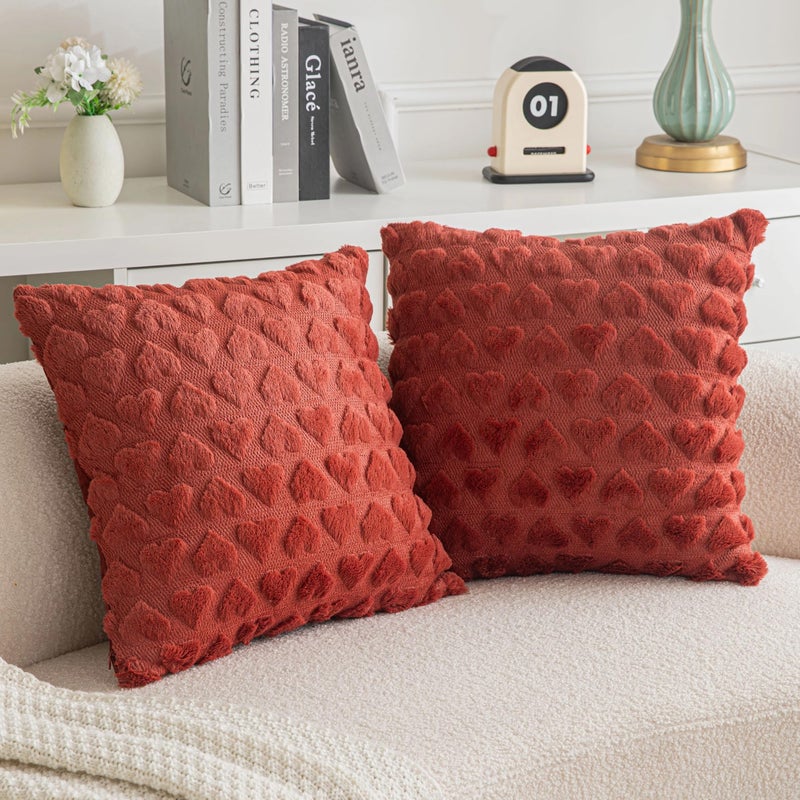 AQOTHES Set of 2 Heart Love Cute Wine Red Decorative Throw Pillow Covers 18x18 Soft Plush Faux Fur Wool Pillow Covers for Couch Sofa Home