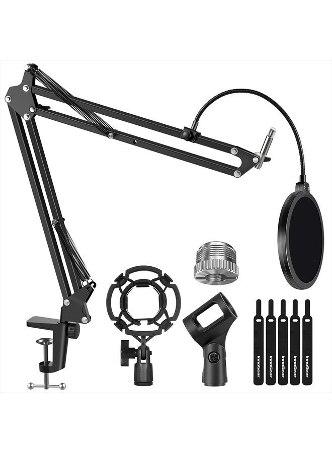 InnoGear Microphone Stand for Blue Yeti Adjustable Suspension Boom Scissor Arm Stand with 3/8/''to 5/8/'' Screw Adapter Shock Mount Windscreen Pop Filter Mic Clip Holder Cable Ties, Medium, Black - Image 1
