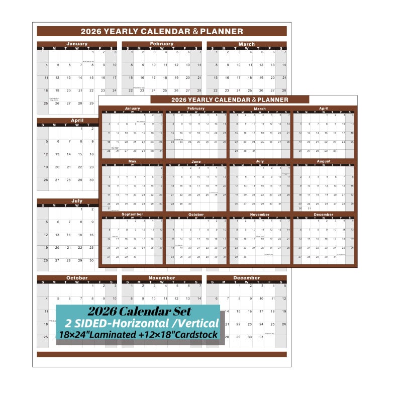 YvnShine 2 Pack 2026 Calendar Set, 18x24â€œ Laminated Wall Calendar with 12x18â€œ Cardstock Desk Calendar, 2 Sided Vertical and Horizontal Reversible, Yearly Grid Format Calendar for School, Home, Office (Brown) - Image 1