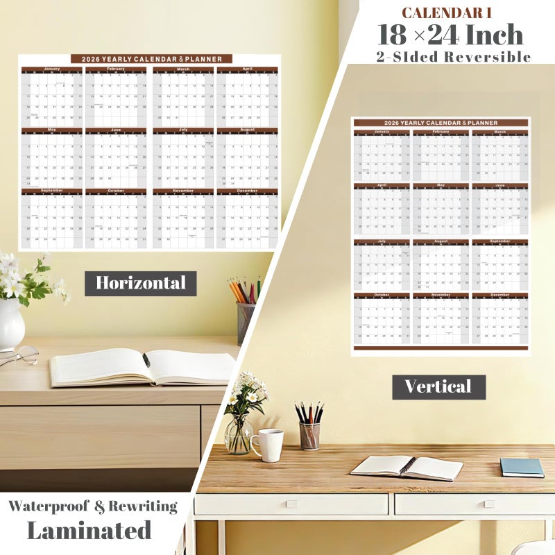 YvnShine 2 Pack 2026 Calendar Set, 18x24â€œ Laminated Wall Calendar with 12x18â€œ Cardstock Desk Calendar, 2 Sided Vertical and Horizontal Reversible, Yearly Grid Format Calendar for School, Home, Office (Brown) - Image 3