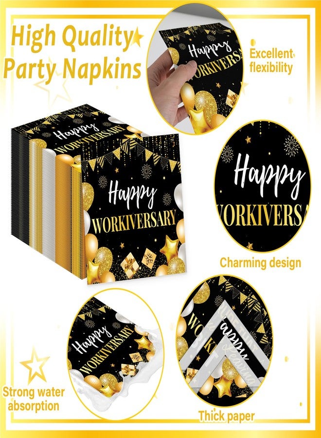 Justforjoyful 96Pcs Happy Work Anniversary Party Supplies Black Gold Happy Workiversary Tableware Dinnerware Set Worker Appreciation Plates Napkins Decorations for Women Men Office Employee Worker - Image 4