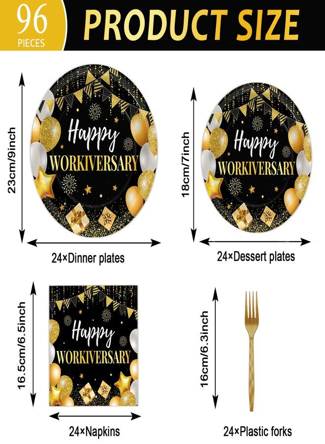 Justforjoyful 96Pcs Happy Work Anniversary Party Supplies Black Gold Happy Workiversary Tableware Dinnerware Set Worker Appreciation Plates Napkins Decorations for Women Men Office Employee Worker - Image 2