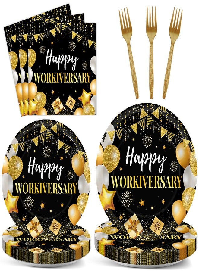 Justforjoyful 96Pcs Happy Work Anniversary Party Supplies Black Gold Happy Workiversary Tableware Dinnerware Set Worker Appreciation Plates Napkins Decorations for Women Men Office Employee Worker - Image 1