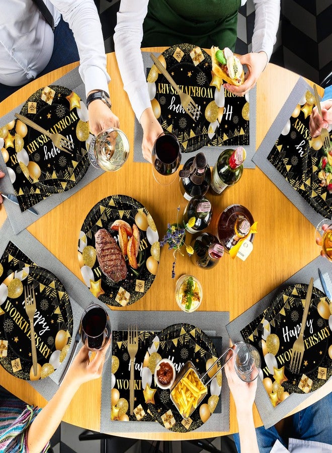 Justforjoyful 96Pcs Happy Work Anniversary Party Supplies Black Gold Happy Workiversary Tableware Dinnerware Set Worker Appreciation Plates Napkins Decorations for Women Men Office Employee Worker - Image 5