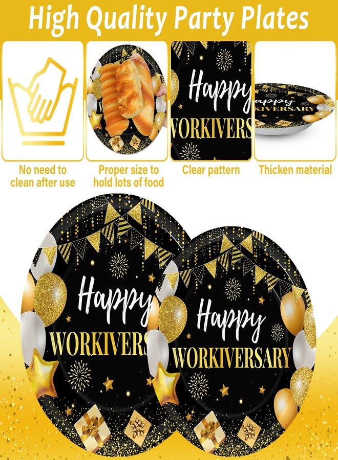 Justforjoyful 96Pcs Happy Work Anniversary Party Supplies Black Gold Happy Workiversary Tableware Dinnerware Set Worker Appreciation Plates Napkins Decorations for Women Men Office Employee Worker - Image 3