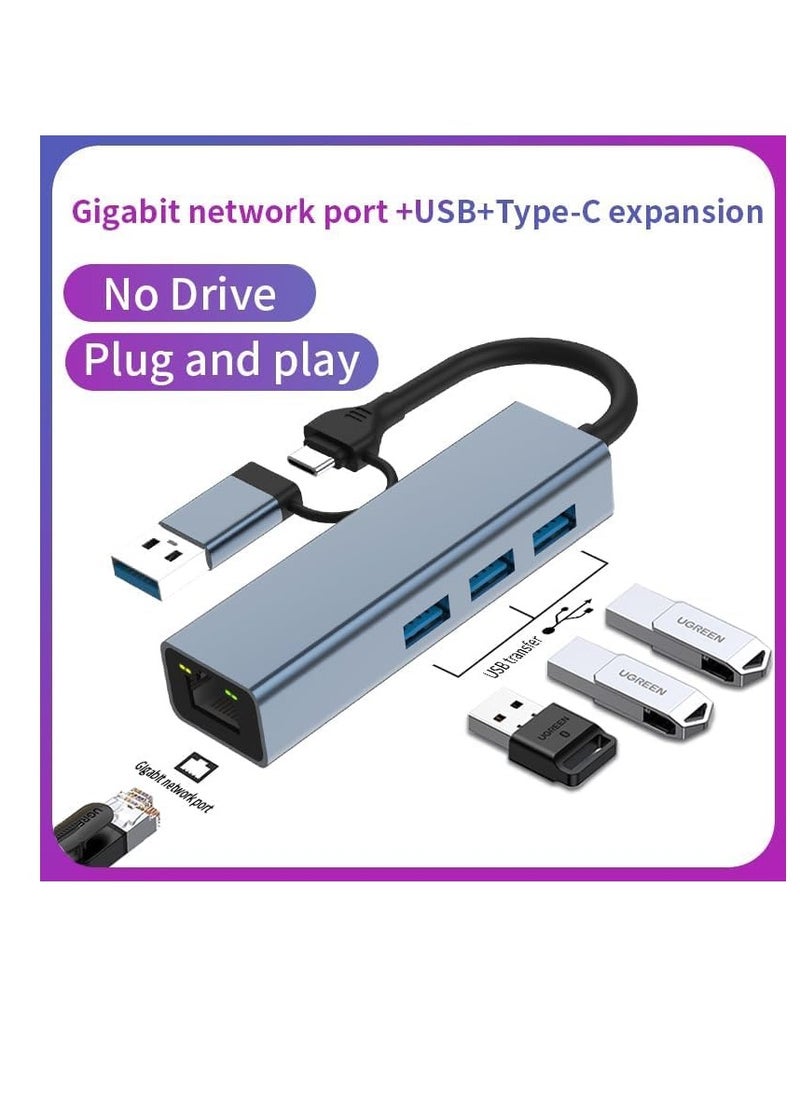 Generic - USB+Type C 2-in-1 to LAN Port (Gigabit) +HUB Hub USB C to HDMI Hub Ethernet 3*USB 3.0 SD/TF Card Reader, Compatible with USB C Laptops and Other C-Type Devices - Image 1