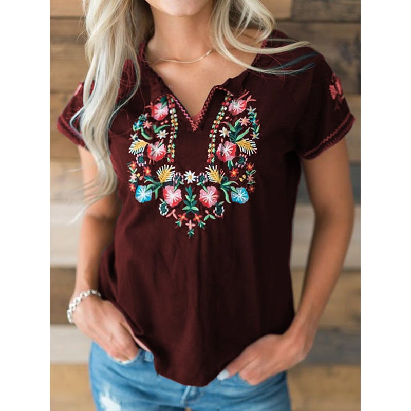 Fc836 2022 Export Popular Style Women'S Retro Embroidered Short-Sleeved T-Shirt Women'S Clothing - Image 4