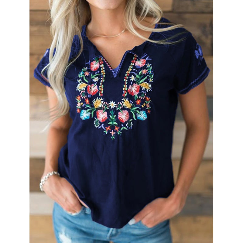 Fc836 2022 Export Popular Style Women'S Retro Embroidered Short-Sleeved T-Shirt Women'S Clothing - Image 5
