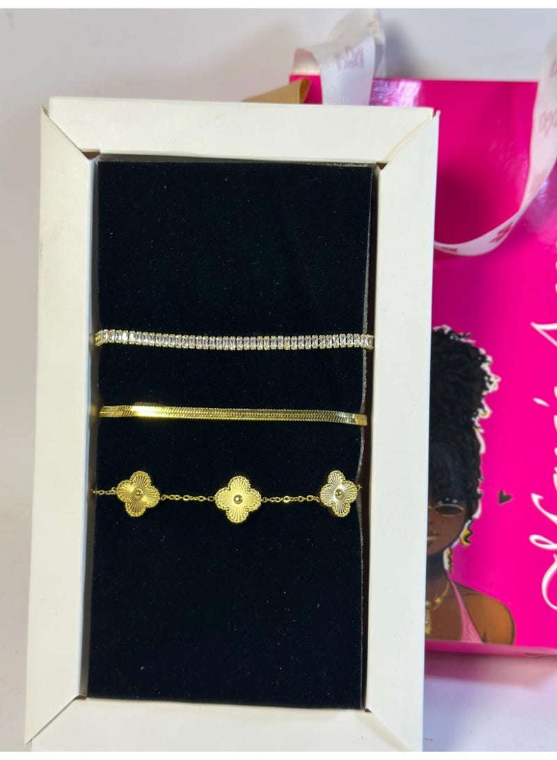 مجموعة أساور (سوار سلسلة ثعبان + سوار ذهبي + سوار تنس) فولاذ مقاوم للصدأ خالص، ٣ قطع - Image 2