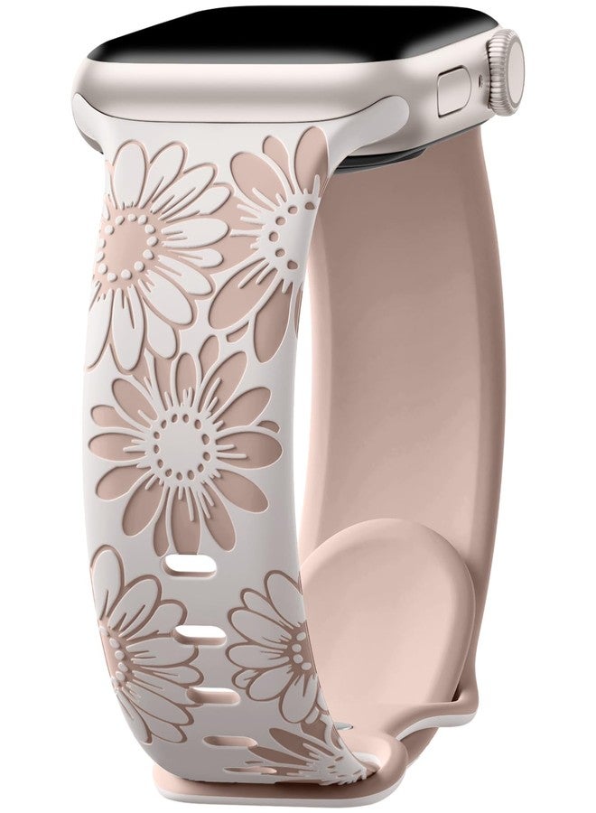 DaQin Floral Engraved Band Compatible with Apple Watch Bands 40mm 41mm 38mm Women, Cute Flower iWatch Bands Soft Silicone Sport Strap for Apple Watch Series 9 8 7 6 5 4 3 2 1 SE Ultra,Starlight/Nude - Image 1