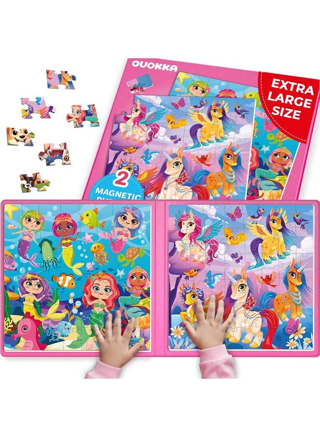 quokka Magnetic Puzzles For Kids Ages 4 6 2X48 Travel Puzzle Games For Toddlers 3 5 Years Old Car Activities Toy For Boys And Girls 2 4 Yo Unicorns & Mermaid Learning Magnet For Road Trip - Image 1