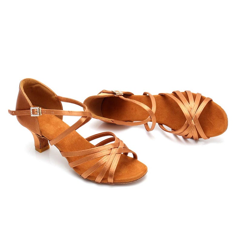 RoseMoli Women's Latin Dance Shoes Satin Professional Ballroom Salsa Practice Performance Dance Shoes Tan-2.2 - Image 2