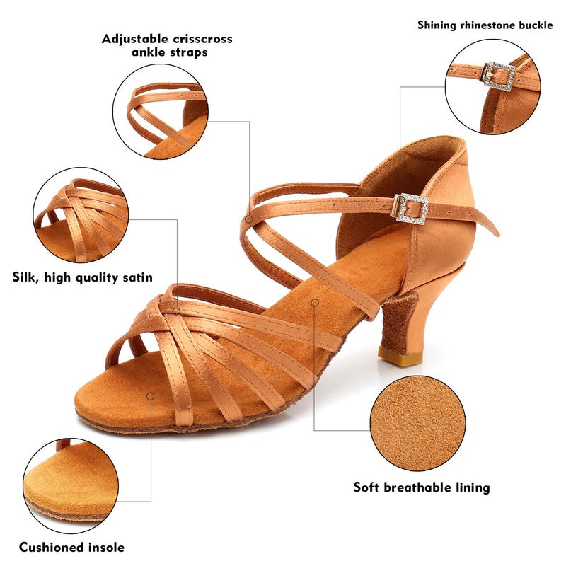 RoseMoli Women's Latin Dance Shoes Satin Professional Ballroom Salsa Practice Performance Dance Shoes Tan-2.2 - Image 5