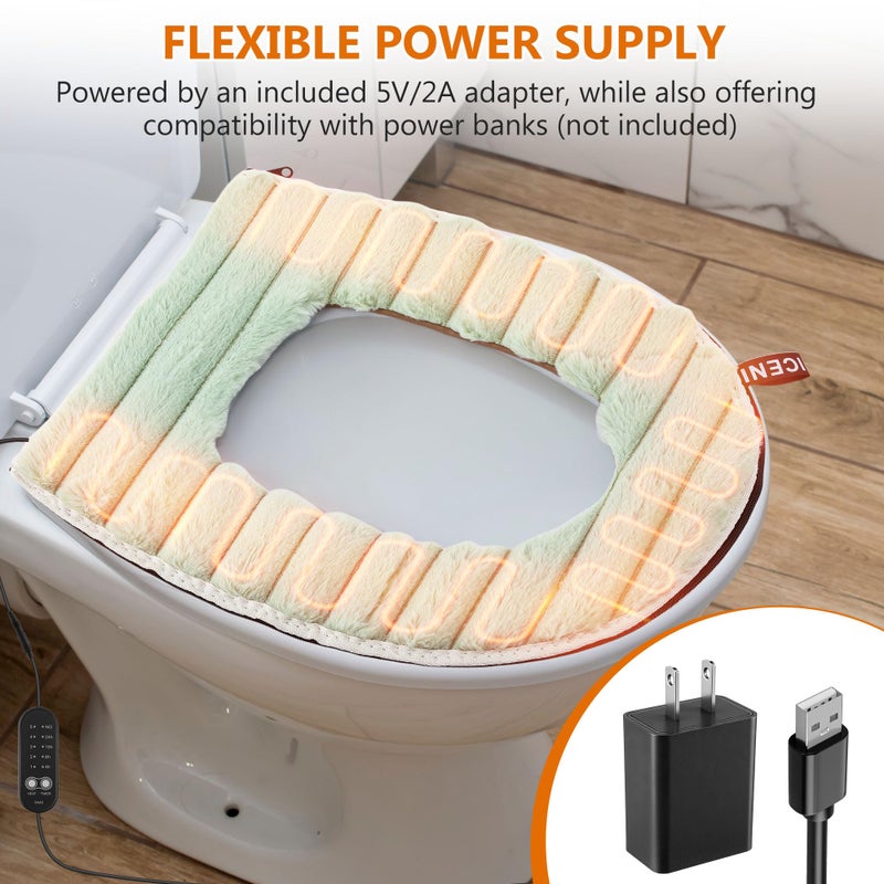 Enhon Heated Toilet Seat Cover, USB Powered Toilet Seat Warmer with Charger, 5 Speed Adjustable Temperature and Timing Function, Comes with Adhesive Shelf & Cable Clips(2 Pack,Gray + Green) - Image 4