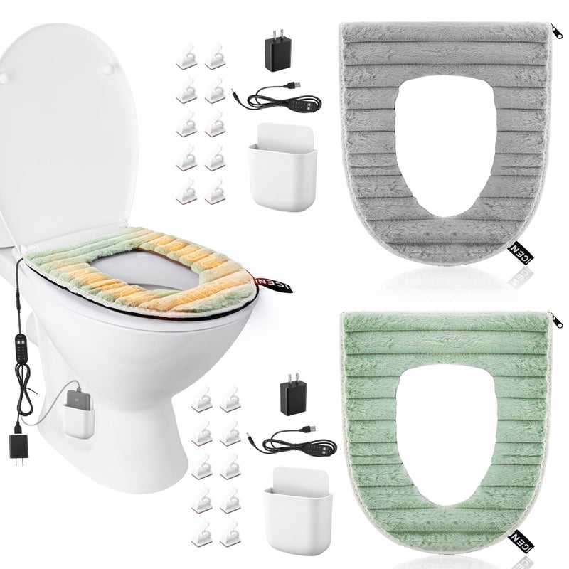 Enhon Heated Toilet Seat Cover, USB Powered Toilet Seat Warmer with Charger, 5 Speed Adjustable Temperature and Timing Function, Comes with Adhesive Shelf & Cable Clips(2 Pack,Gray + Green) - Image 1