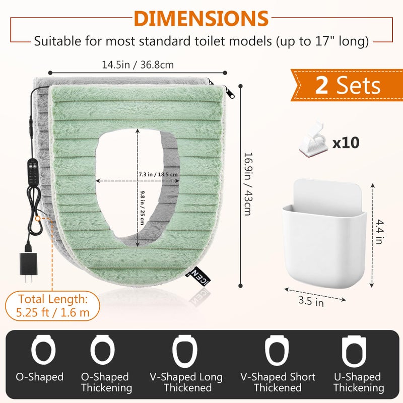 Enhon Heated Toilet Seat Cover, USB Powered Toilet Seat Warmer with Charger, 5 Speed Adjustable Temperature and Timing Function, Comes with Adhesive Shelf & Cable Clips(2 Pack,Gray + Green) - Image 2