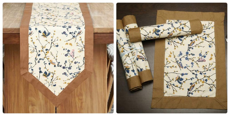 Dekor World 13 Pieces Mini Bird Printed Beige Table Runner with Place Mat and Napkin (33x120cm/33x47cm/45x45cm)-4 Seater Dinning & Center Table - Image 1