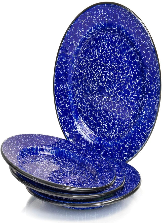 Red Co. Set of 4 Enamelware Metal Classic 10" Round Dinner Plate, Navy Blue Marble/Black Rim - Splatter Design - Image 1