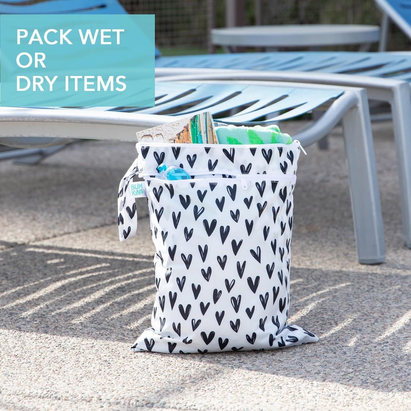 Bumkins Waterproof Wet Dry Bag for Baby, Travel, Swim Suit, Cloth Diapers, Pump Parts, Pool, Beach, Gym Clothes, Toiletry, Hook to Stroller, Daycare, Zipper Reusable Wetdry Packing Pouch, Black Hearts - Image 3