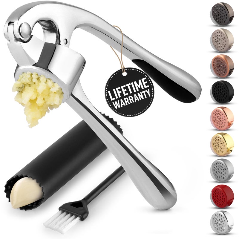 Zulay Kitchen Premium Garlic Press Set - Rust Proof Professional Garlic Mincer Tool - Easy-Squeeze, Easy-Clean with Soft, Ergonomic Handle - Silicone Garlic Peeler & Brush (Chrome) - Image 1