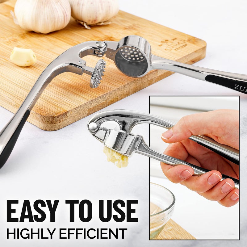 Zulay Kitchen Premium Garlic Press Set - Rust Proof Professional Garlic Mincer Tool - Easy-Squeeze, Easy-Clean with Soft, Ergonomic Handle - Silicone Garlic Peeler & Brush (Chrome) - Image 4