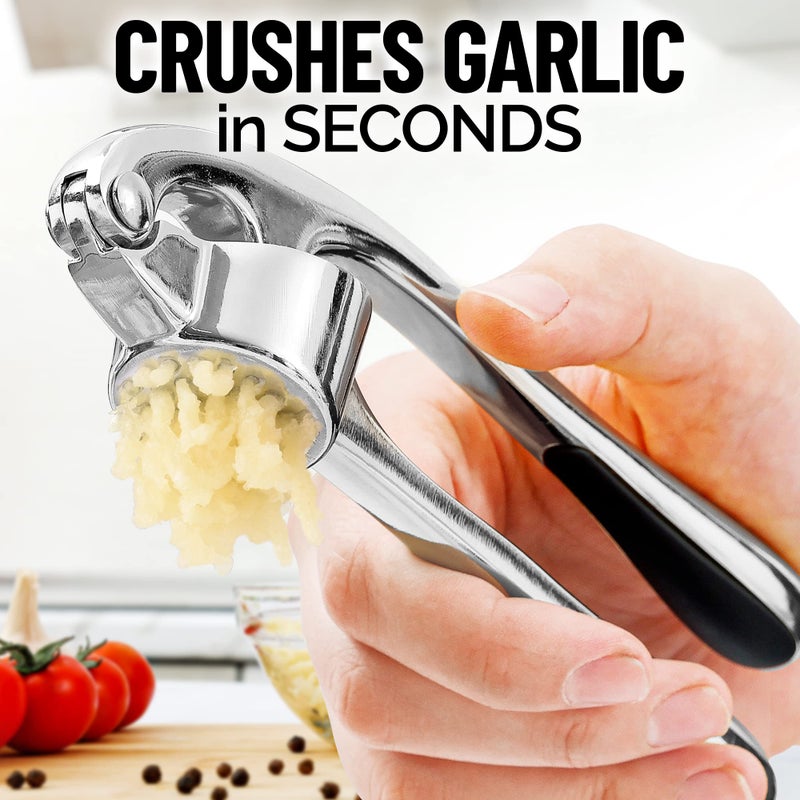 Zulay Kitchen Premium Garlic Press Set - Rust Proof Professional Garlic Mincer Tool - Easy-Squeeze, Easy-Clean with Soft, Ergonomic Handle - Silicone Garlic Peeler & Brush (Chrome) - Image 2