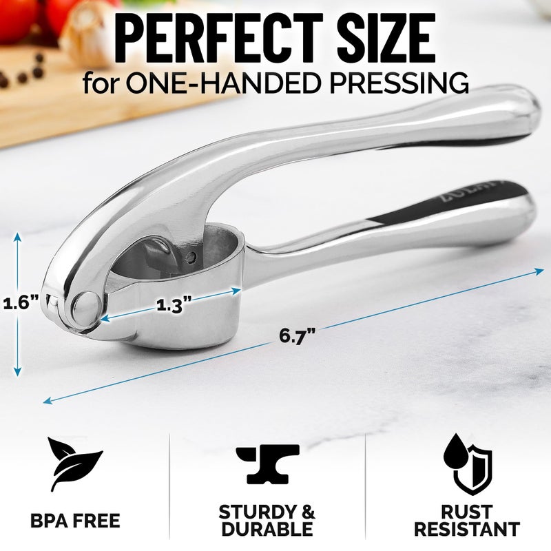 Zulay Kitchen Premium Garlic Press Set - Rust Proof Professional Garlic Mincer Tool - Easy-Squeeze, Easy-Clean with Soft, Ergonomic Handle - Silicone Garlic Peeler & Brush (Chrome) - Image 3