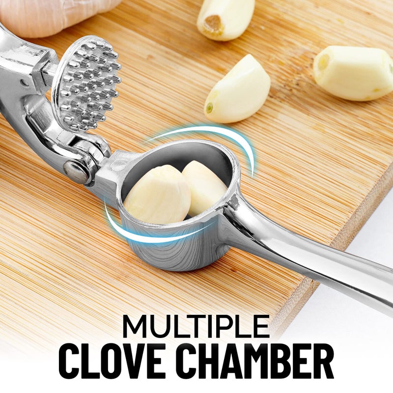 Zulay Kitchen Premium Garlic Press Set - Rust Proof Professional Garlic Mincer Tool - Easy-Squeeze, Easy-Clean with Soft, Ergonomic Handle - Silicone Garlic Peeler & Brush (Chrome) - Image 5