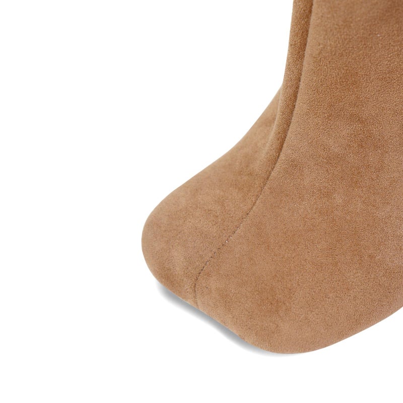 VOZTOLLS Women's Knee High Boots Suede Wide Calf Stiletto Tall Booties Square Toe Pull On High Heel Riding Long Boots for Women Ladies Fall Fahion Dress Boots Nude Size 10 - Image 5