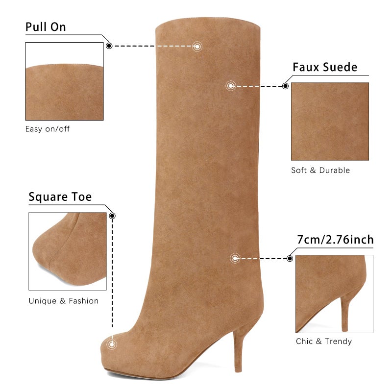 VOZTOLLS Women's Knee High Boots Suede Wide Calf Stiletto Tall Booties Square Toe Pull On High Heel Riding Long Boots for Women Ladies Fall Fahion Dress Boots Nude Size 10 - Image 4