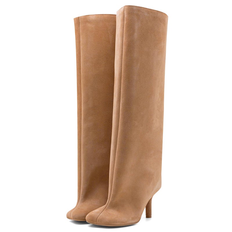 VOZTOLLS Women's Knee High Boots Suede Wide Calf Stiletto Tall Booties Square Toe Pull On High Heel Riding Long Boots for Women Ladies Fall Fahion Dress Boots Nude Size 10 - Image 1