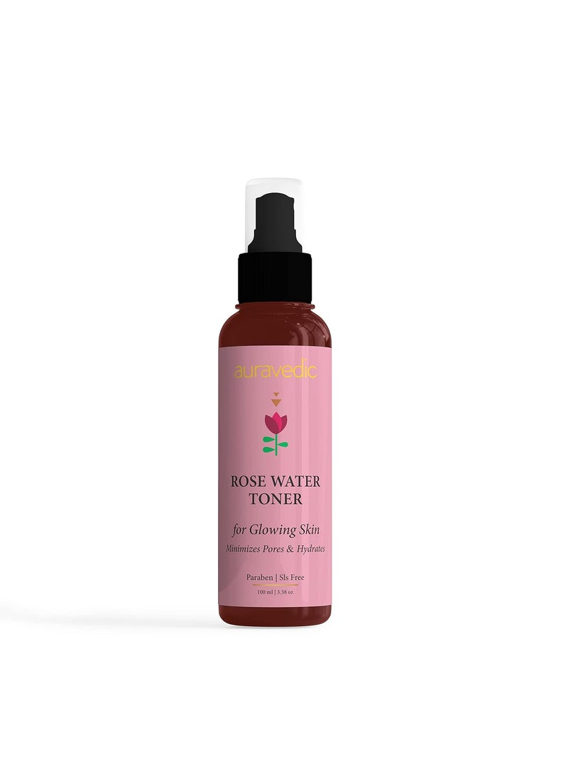 Auravedic Organic Rose Water Toner Spray for Face  Natural Facial Mist for Glowing Skin with Damask Rose  Hydrates Soothes  Clarifies  Maintains Skins pH  338 Fl Oz100 ml 