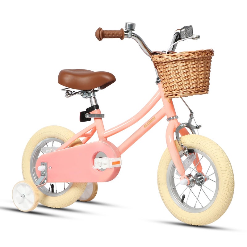 Petimini 12 Inch Kids Bike for Age 2 3 4 Years Old Little Girls Toddlers Retro Vintage Style Bicycles with Basket Training Wheels and Bell Peach