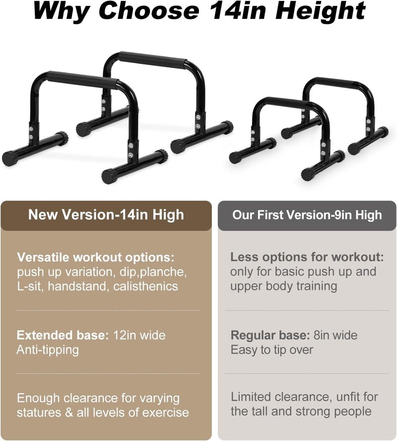 TABEKE Push Up Bar - 14'' High Steel Parallettes & Dip Bar with Foam Handle for Home Gym Strength Training - Image 3