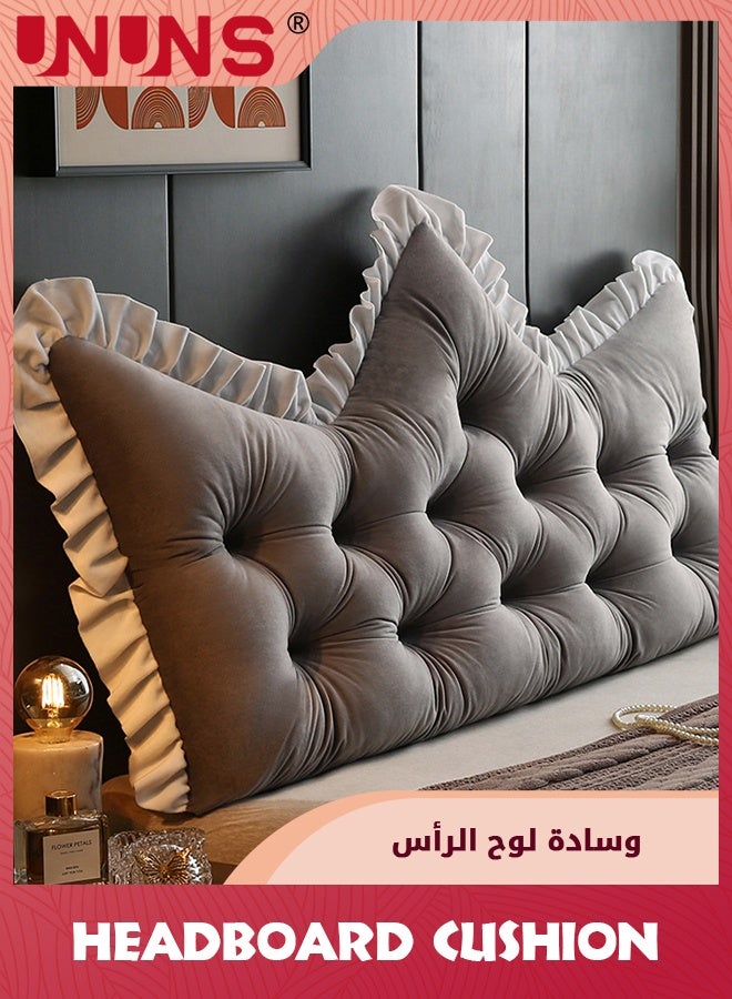 UNUNS Headboard Cushion,Crown-shaped Bedside Cushion With Ruffled Edges,Reading Pillow Bed Soft With bandage,Suitable For Watching TV, Reading Headboard Bolster,90X55X16CM,Gray - Image 1