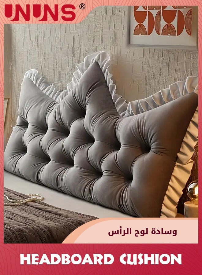 UNUNS Headboard Cushion,Crown-shaped Bedside Cushion With Ruffled Edges,Reading Pillow Bed Soft With bandage,Suitable For Watching TV, Reading Headboard Bolster,90X55X16CM,Gray - Image 2