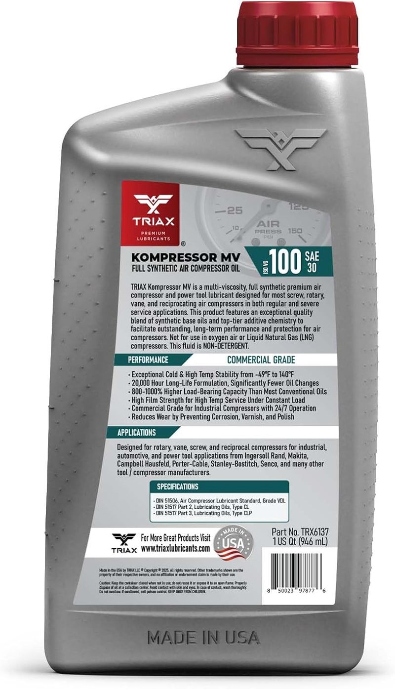 TRIAX Kompressor MV 100 SAE 30, Full Synthetic, Multi-Vis Air Compressor Oil | For Rotary, Vane, Screw, and Reciprocal | Commercial Grade | High Temp | Non-Detergent (1 Quart) - Image 2