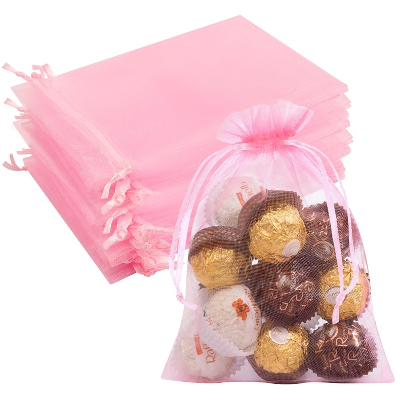 Crweety 50 Pcs Pink Organza Bags 5x7 Inch, Small Mesh Bags Drawstring Jewelry Pouch Gift Bag Goody Bag for Valentine Gifts Wedding Party Favor - Image 1