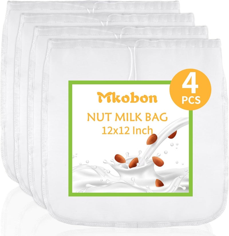 Mkobon 4 Pcs 12"x12" Nut Milk Bag, Fine Mesh Nylon Cheese Cloth Bag for Straining, Reusable Strainer Bags for Almond Milk, Yogurt, Juice, Cheese Making, Cold Brew Coffee, Beer Tea - Image 1