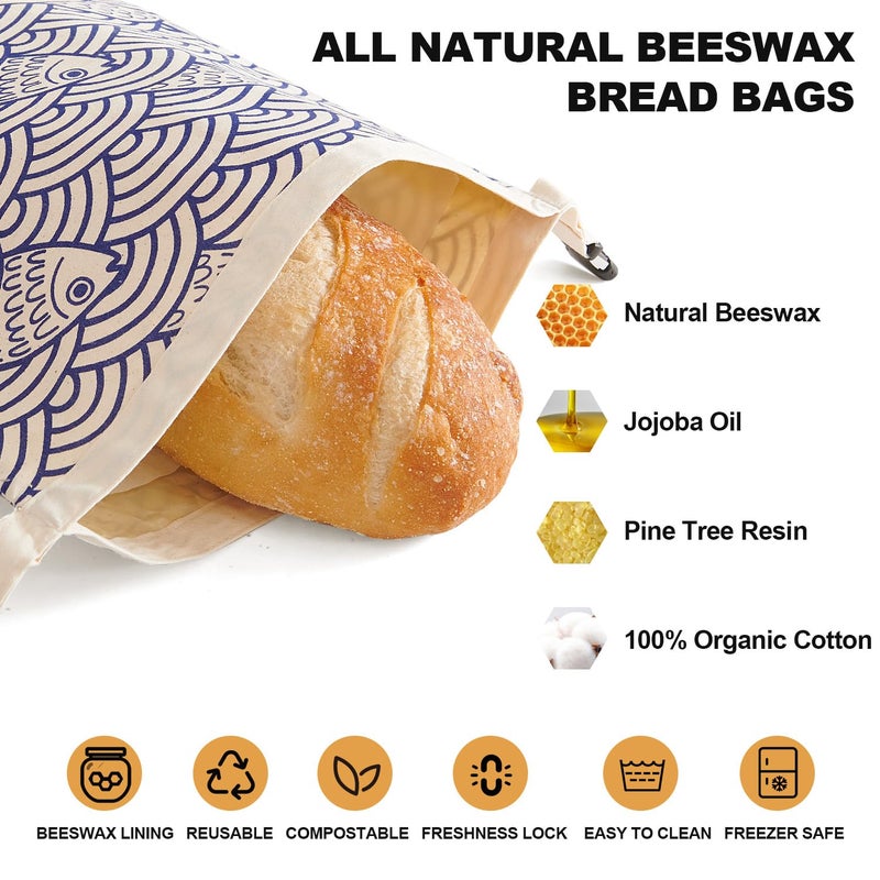 Augine Beeswax Bread Bags for Sourdough, Reusable Bread Bags for Homemade Bread, 2 Pack Natural Cotton Beeswax Storage, Natural Cotton Beeswax Bags, Large Capacity - Image 3