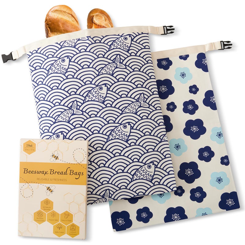 Augine Beeswax Bread Bags for Sourdough, Reusable Bread Bags for Homemade Bread, 2 Pack Natural Cotton Beeswax Storage, Natural Cotton Beeswax Bags, Large Capacity - Image 1