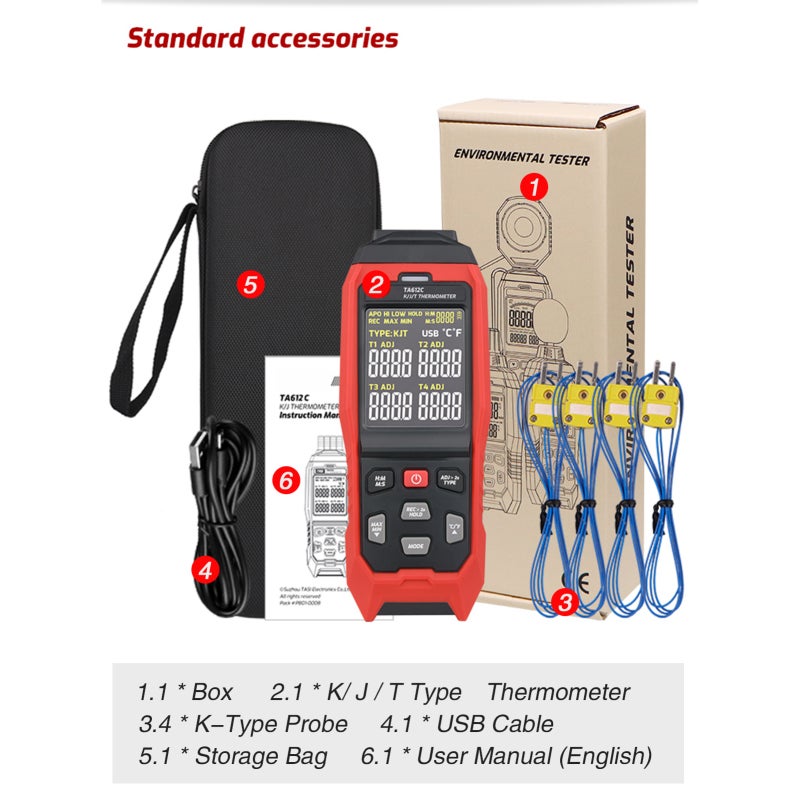 Digital Thermocouple Thermometer: 4-Channel, -200°C To +1372°C Range - High Precision, 5000-Group Data Storage VA Color Screen Thermometer for Industrial, Laboratory and Field Use - Image 1
